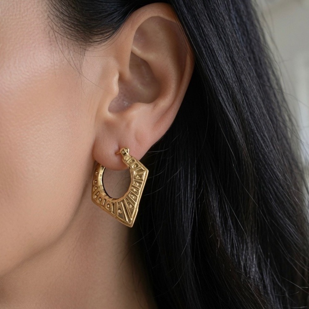 Anthropologie Hoop Earrings Gold Geometric Shield Sunburst Boho Chic Art Deco